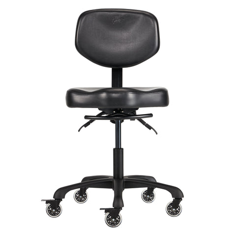 A black Oros Tattoo Artist Chair is an artist chair on wheels by TATSoul.
