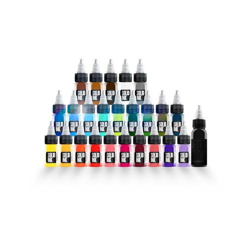 Solid Ink 24 Color Set with 1/2oz Tattoo Ink Bottle Sizes