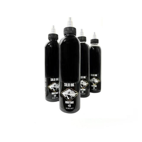 One of the Solid Ink Sets, the Horitomo Sumi Set is crafted for Japanese black and grey tattooing.