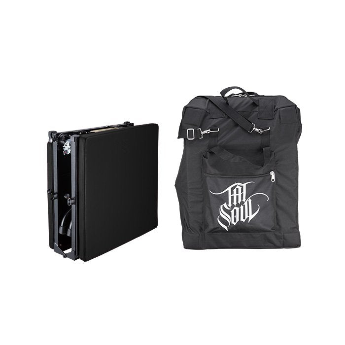 Black TATSoul X Portable Tattoo Table folded and carrying bag.