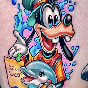 Cartoon character with a dolphin and a note saying, "We love you, Mum."