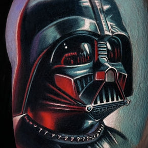 Tattoo of a dark helmeted figure with red and black details.