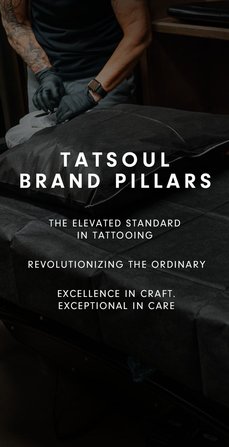 A tattoo artist prepares a workstation with text about elevated tattooing standards.