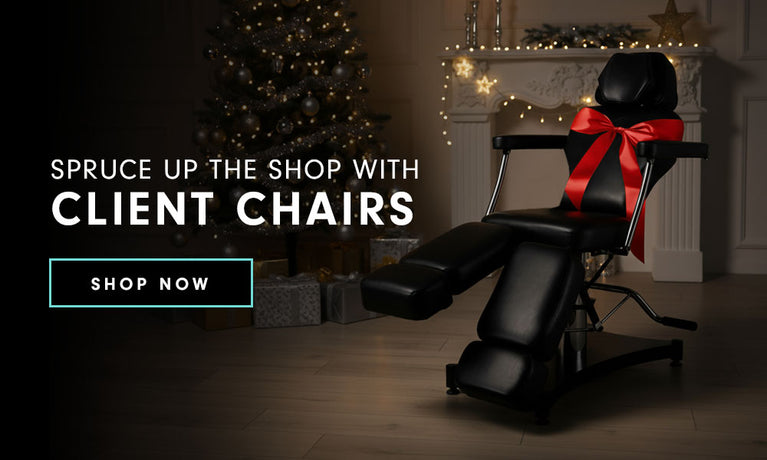 Barber chair with a red bow and 