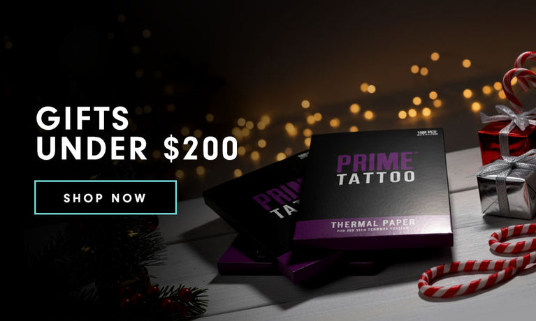Gifts under $200 promotion with Prime Tattoo thermal paper and wrapped presents.