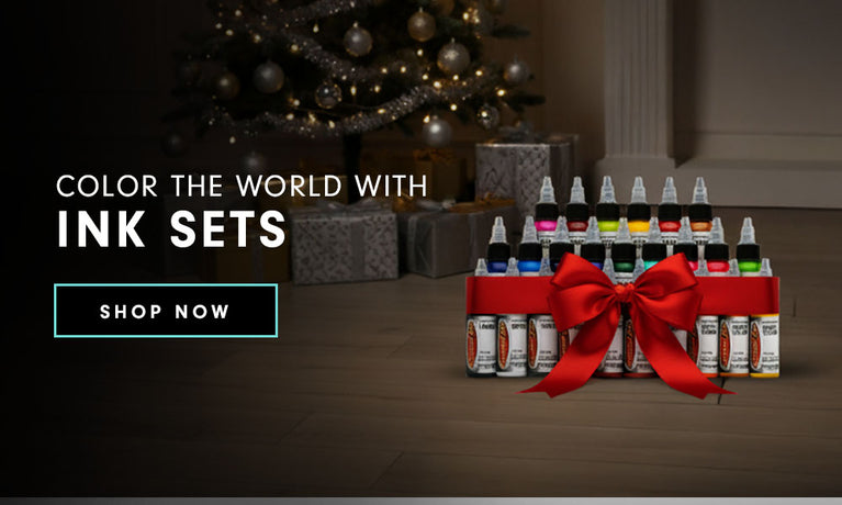 A set of ink bottles with a red bow, captioned 