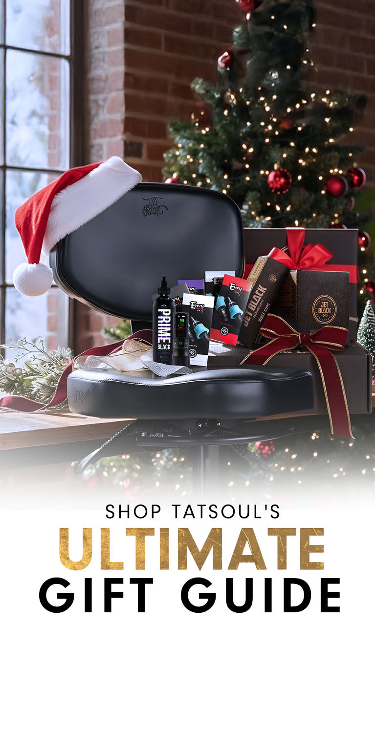 Tattoo supplies with Santa hat, gift boxes, and 