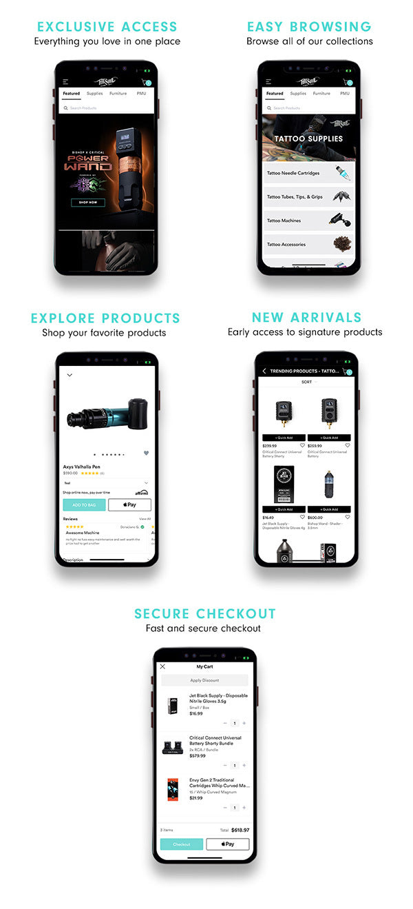 Five mobile screens displaying tattoo supply shopping app features.