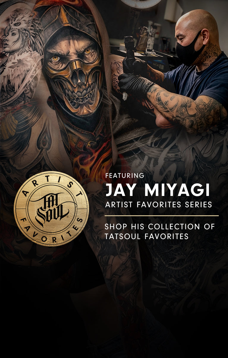 Tattoo artist working on a detailed skull tattoo with text promoting Tatsoul.