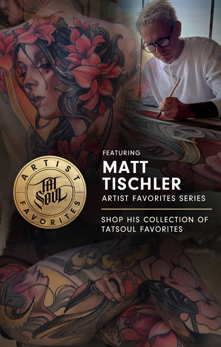 “Tattooed back featuring intricate floral and portrait designs; an artist working on a drawing.”