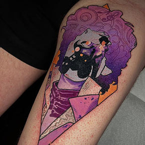 Tattoo of a person with purple hair and sunglasses, featuring geometric shapes.