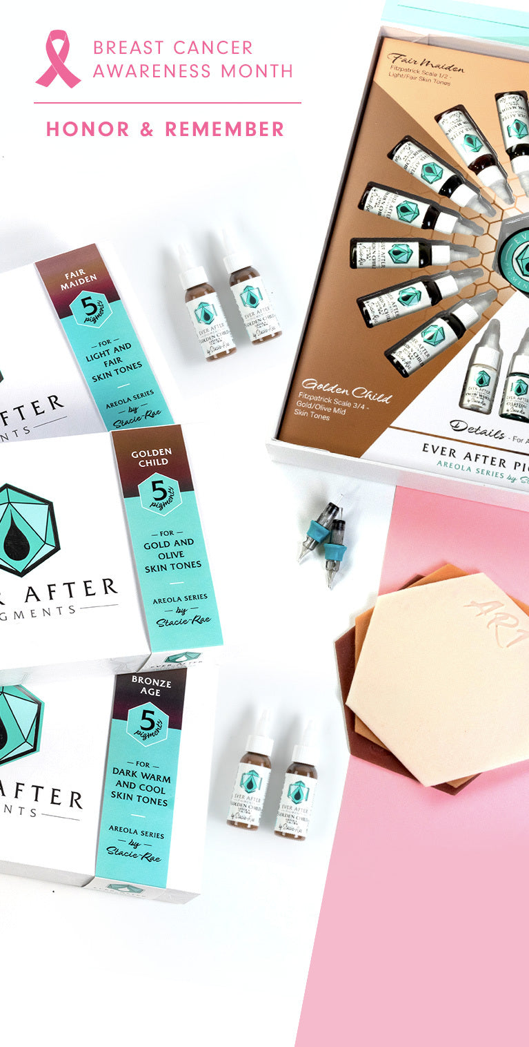 Breast cancer awareness products and pigments with various skin tone labels.