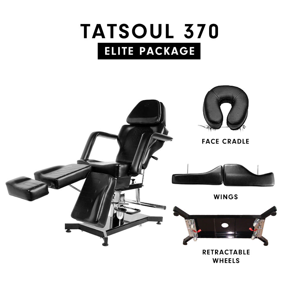 370-S Tattoo Client Adjustable Swivel Chair front view with one leg extended showing face cradle, wings, and retractable wheels.