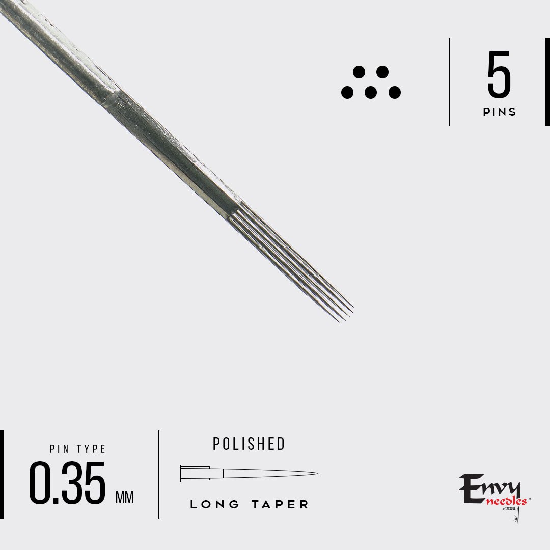 The high-quality pre-made Envy Curved Magnum polished long taper tattoo needle with five pins.