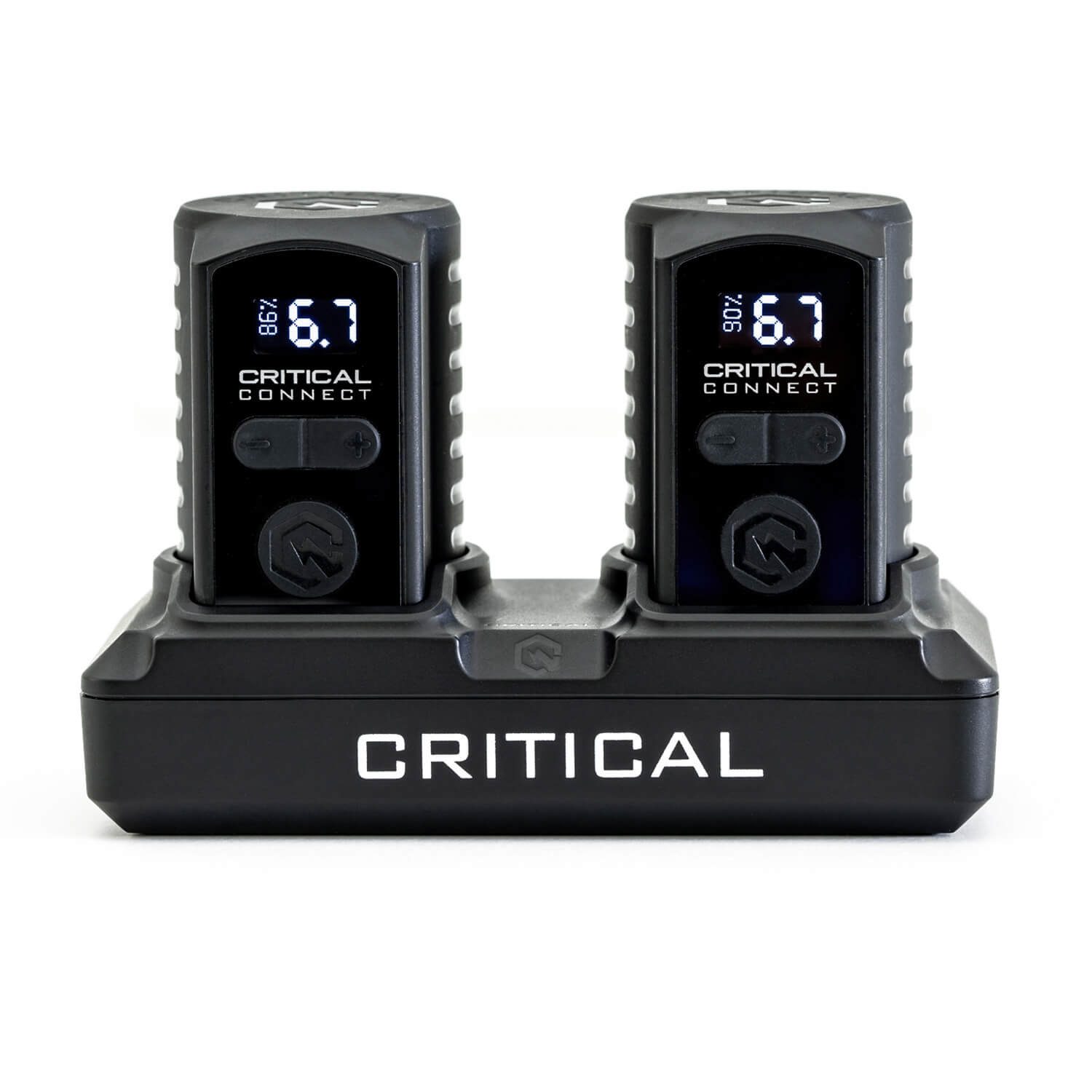 Critical Connect Universal Battery and Dock Bundle with the batteries charging.