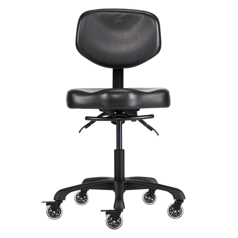 A black Oros Tattoo Artist Chair is an artist chair on wheels by TATSoul. 