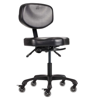 A black Oros Tattoo Artist Chair is an artist chair on wheels by TATSoul. 