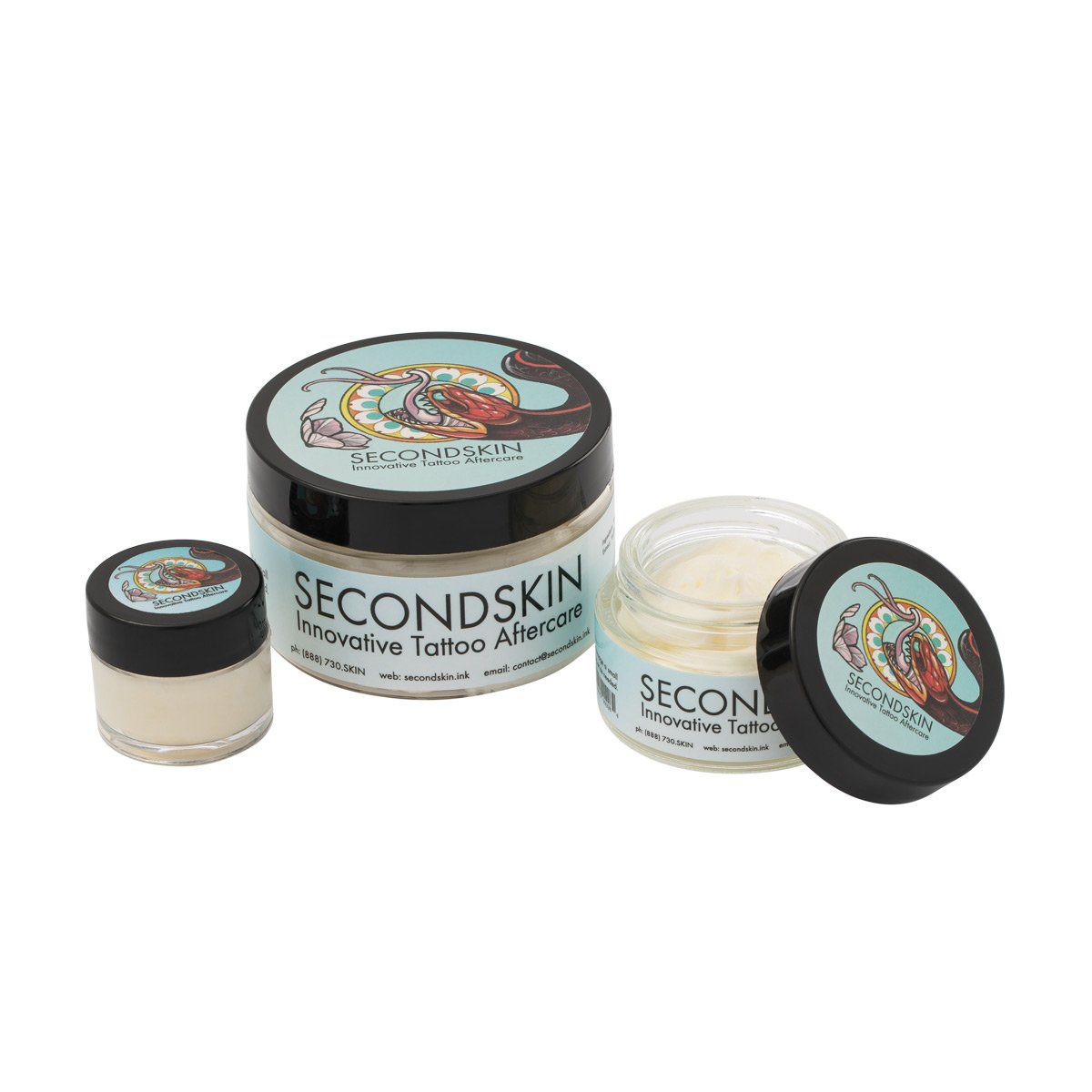 SecondSkin Tattoo Cream for tattoo aftercare available in .25 oz and 1 oz containers