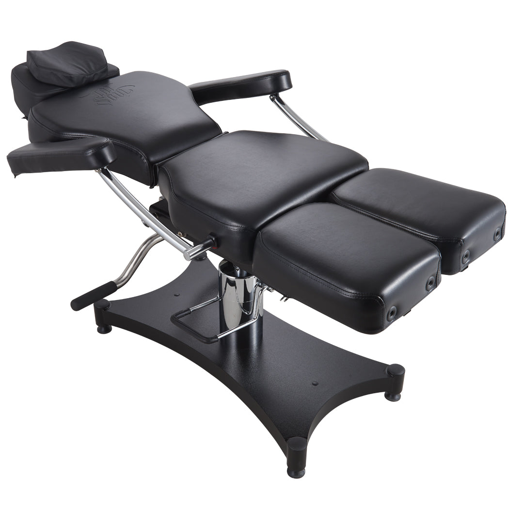 The Oros 680 Tattoo Client Chair has a double plated heavy-duty steel base and hydraulic lift, perfect for all tattoo clients. 