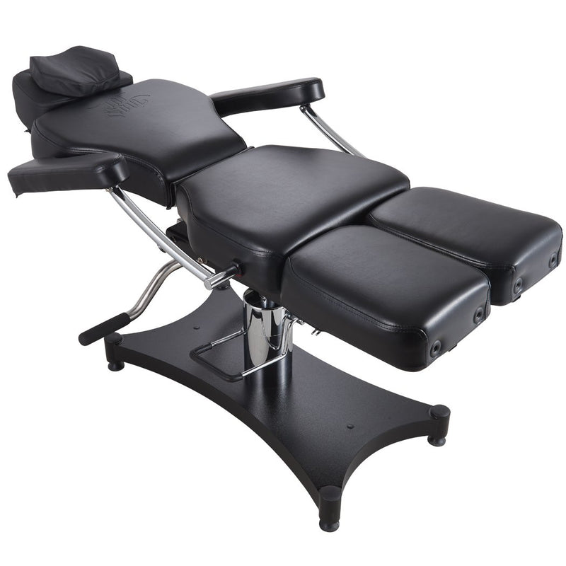 Oros 680 Tattoo Client Chair front view laid down with arm rests attached.