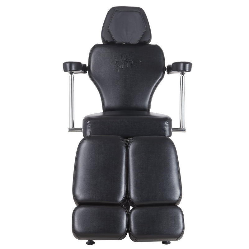 Oros 680 Tattoo Client Chair front view in downward position without footrests.