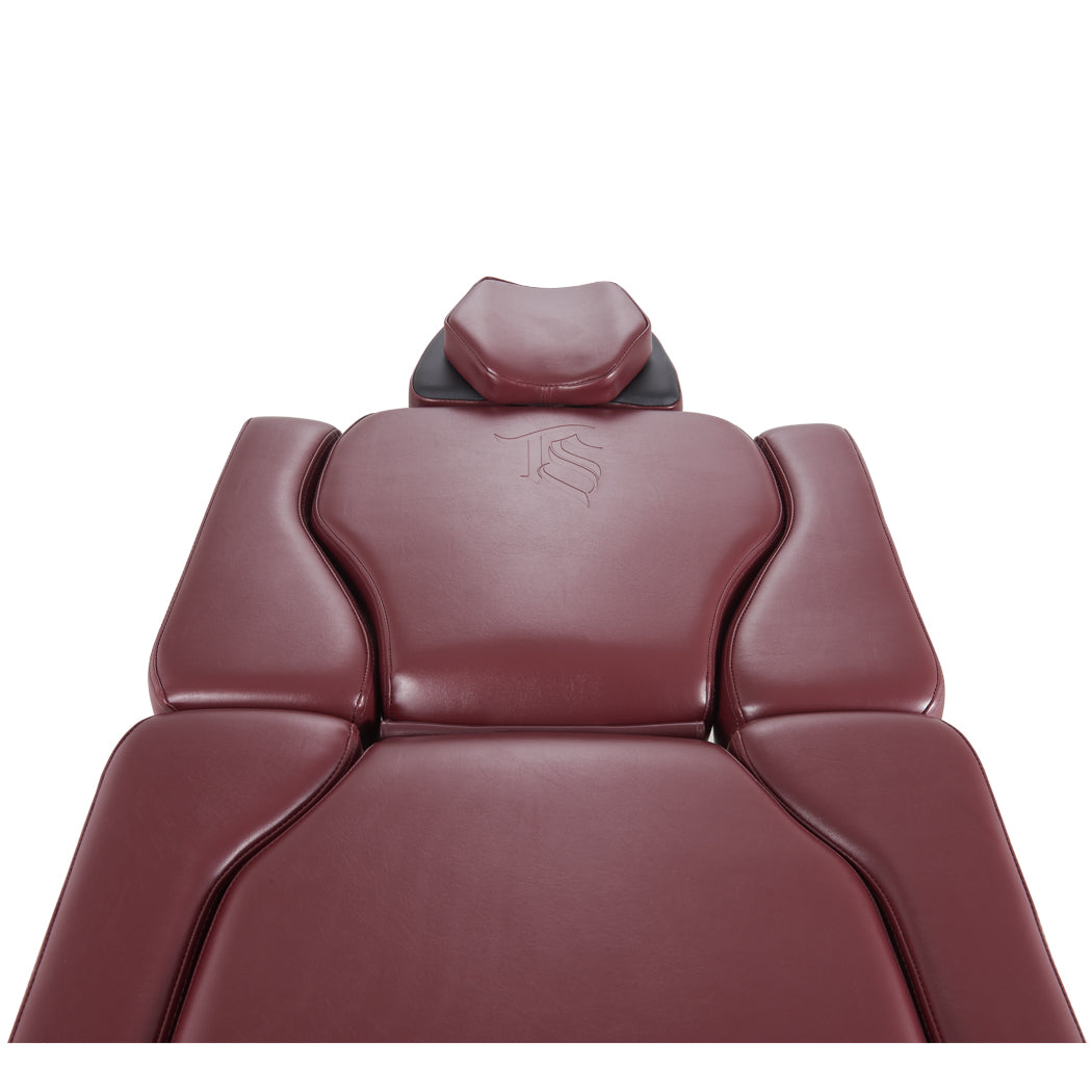 Oros 680 Tattoo Client Chair, Oxblood color, overhead view showing back and headrest.