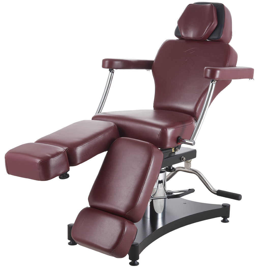 Oros 680 Tattoo Client Chair, Oxblood color, front view without footrests.