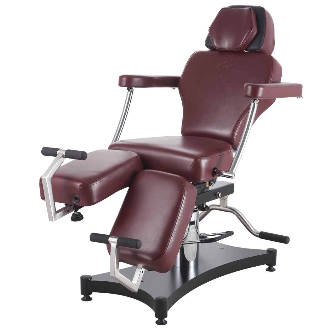 Oros 680 Tattoo Client Chair Oxblood color, front view.