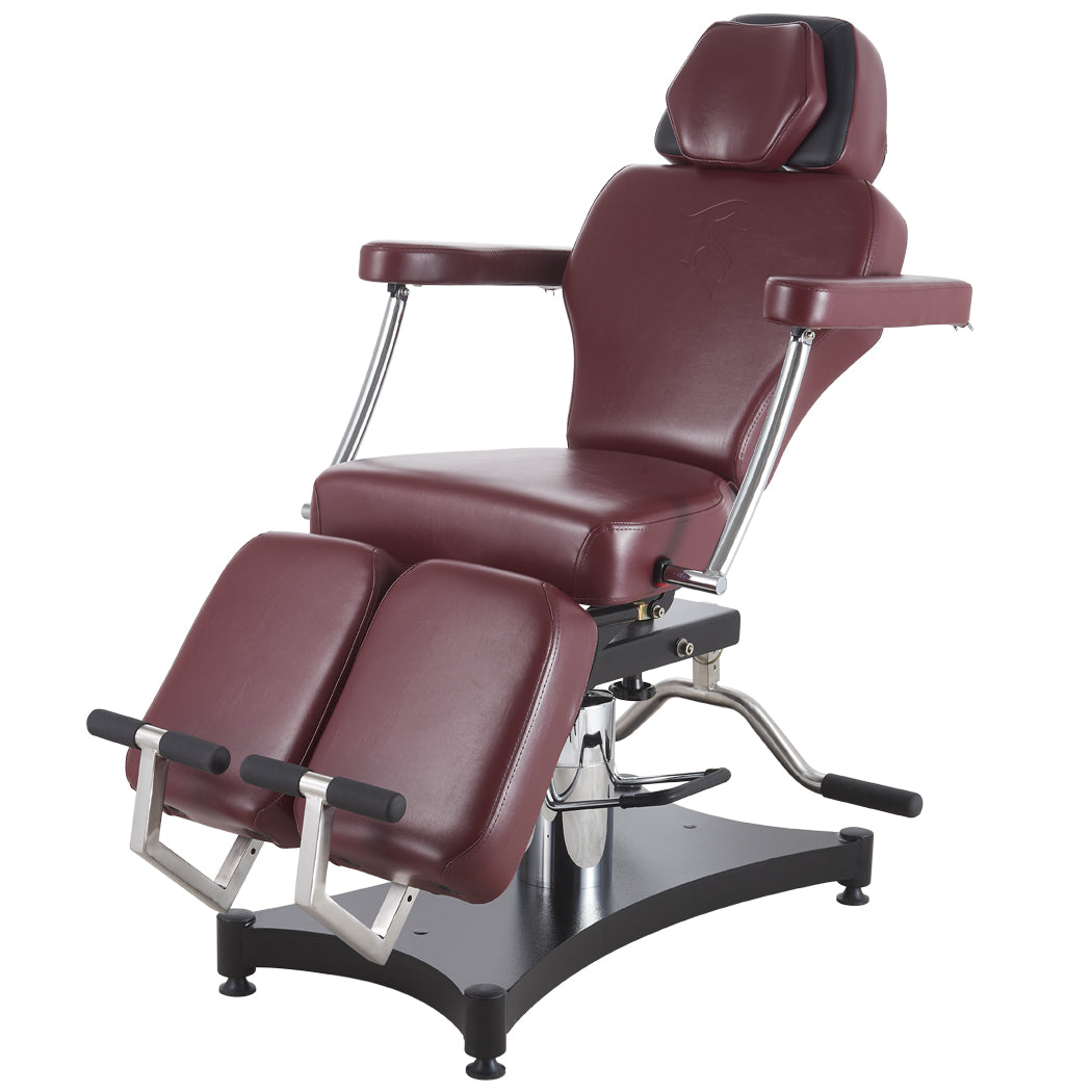 Oros 680 Tattoo Client Chair, Oxblood color, front view with both legs in downward position.