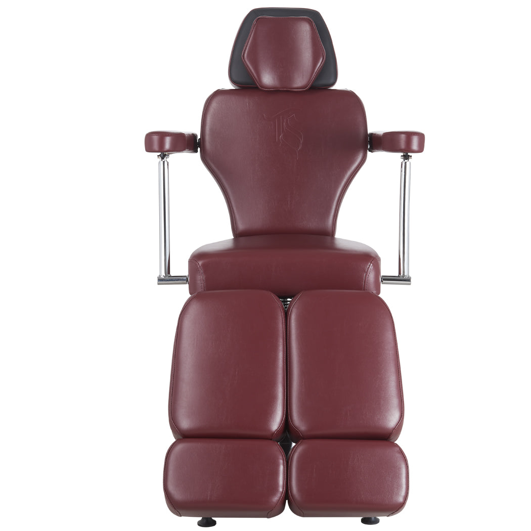 Oros 680 Tattoo Client Chair, Oxblood color, front view without footrests.
