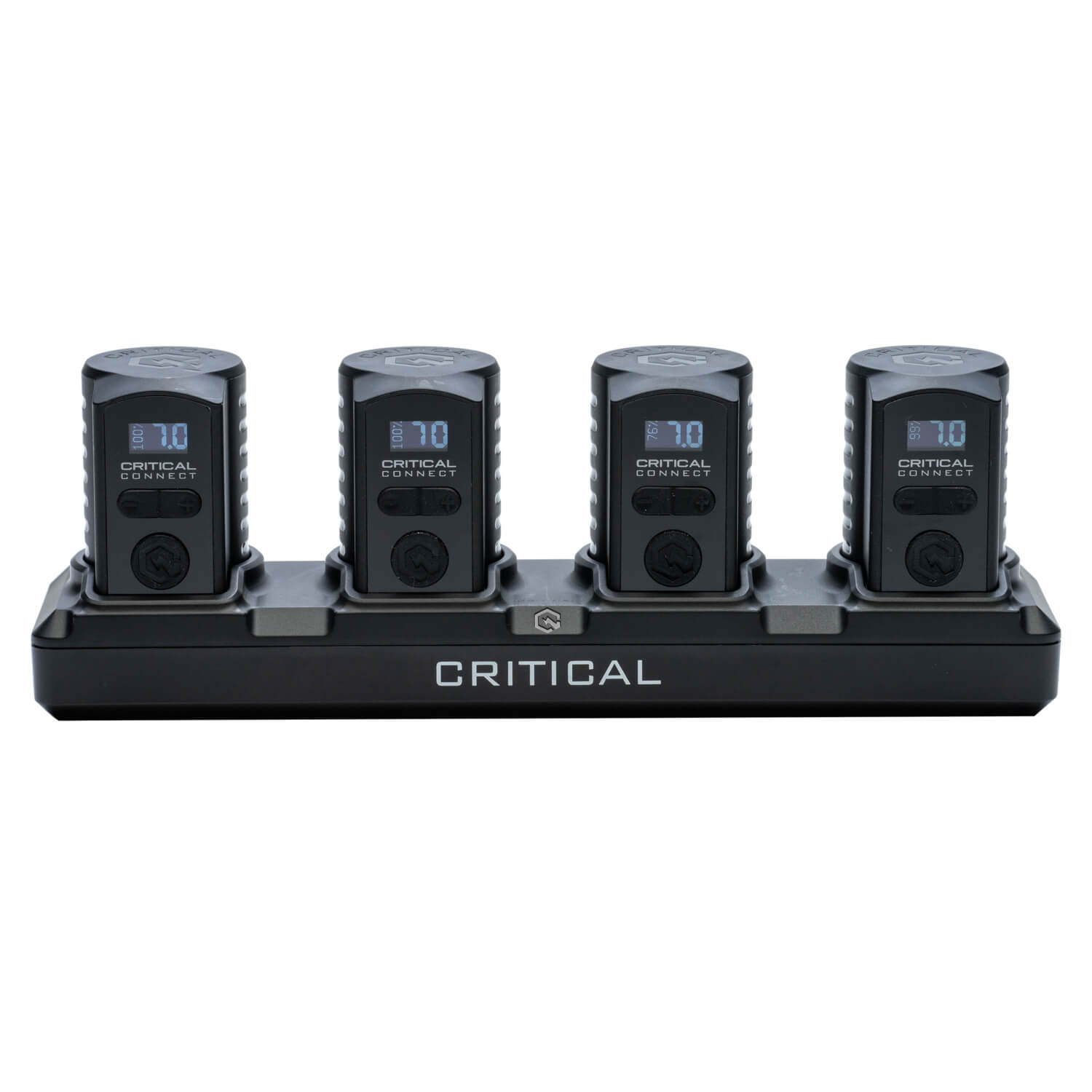 Tattooing batteries docked on their power supply. Critical Connect Universal Battery and Quad Dock Bundle - 3.5mm Connection
