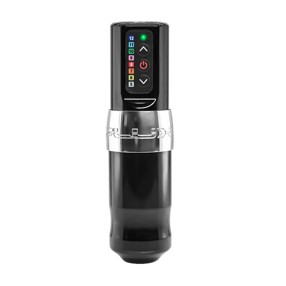 The 4mm stroke direct drive rotary FK Irons Spektra Flux tattoo machine in the color Chromium. 