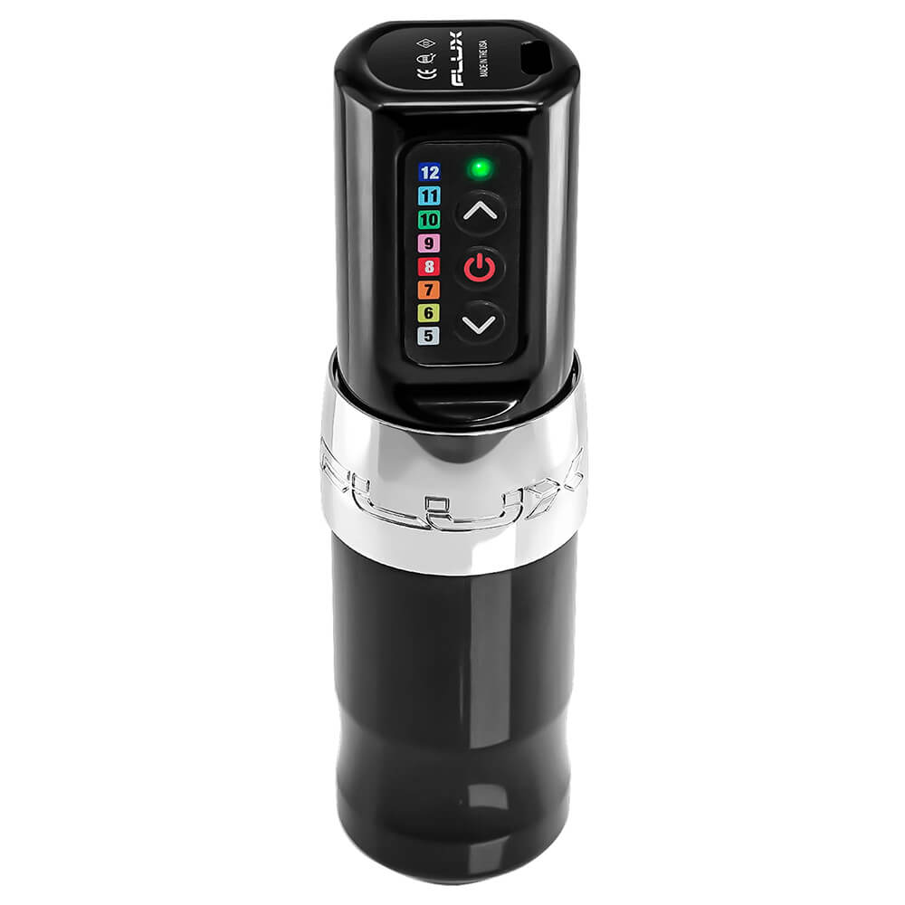 The Spektra Flux direct drive tattoo machine is fully wireless and offers up to 10 hours of battery life.