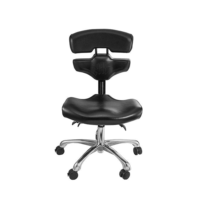 A black, adjustable Mako Studio Tattoo Artist Chair by TATSoul.