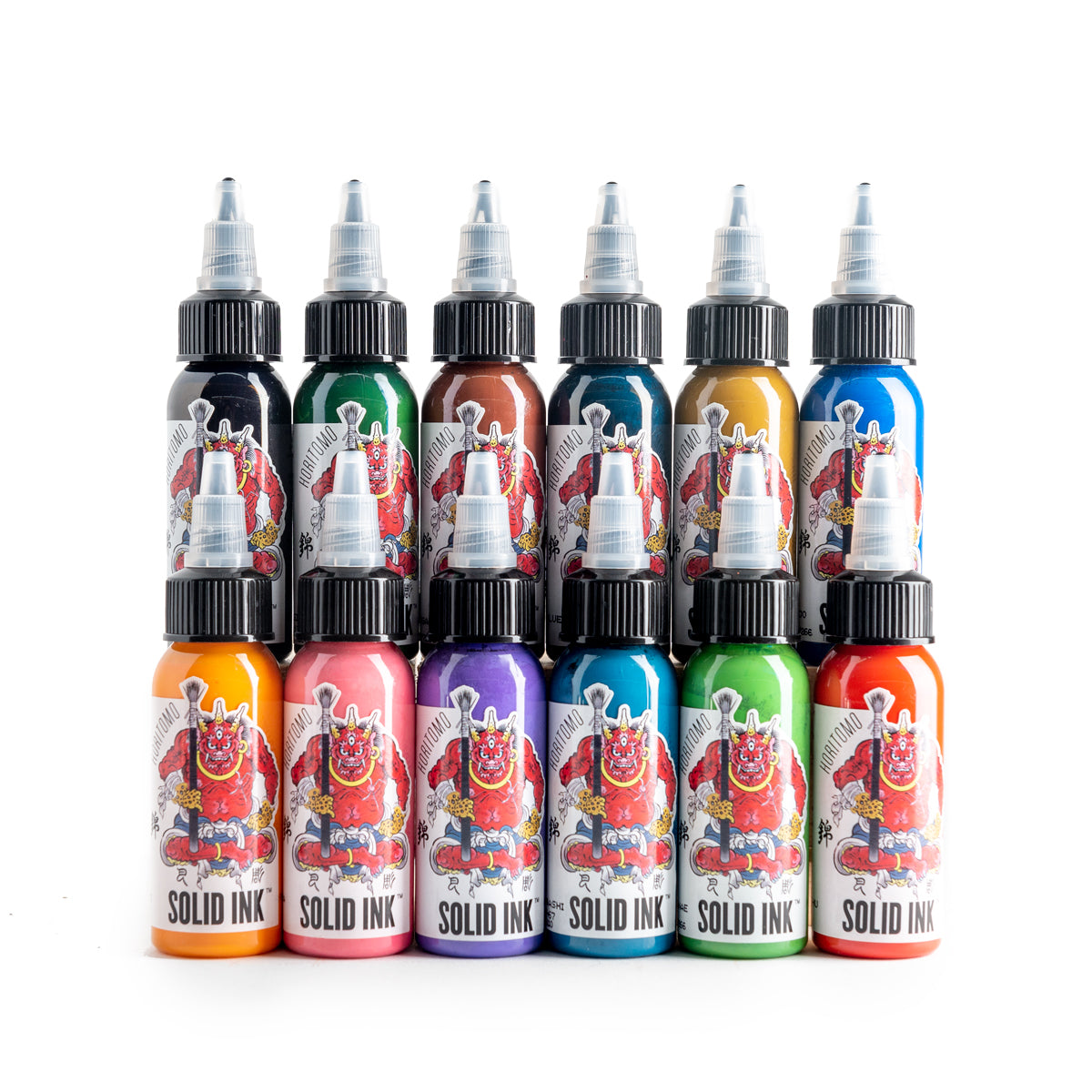 The Solid Ink Horitomo 12 Color Set, one of the many Solid Ink Sets sold at TATSoul Premium Tattoo Supply. 