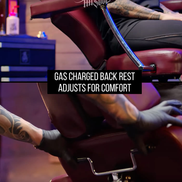 Tattooed arm adjusting chair backrest with gas lift mechanism.